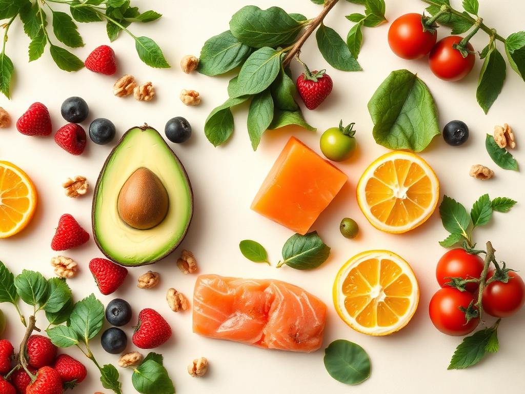 Colorful whole foods including vegetables, fruits, and healthy fats for skin health