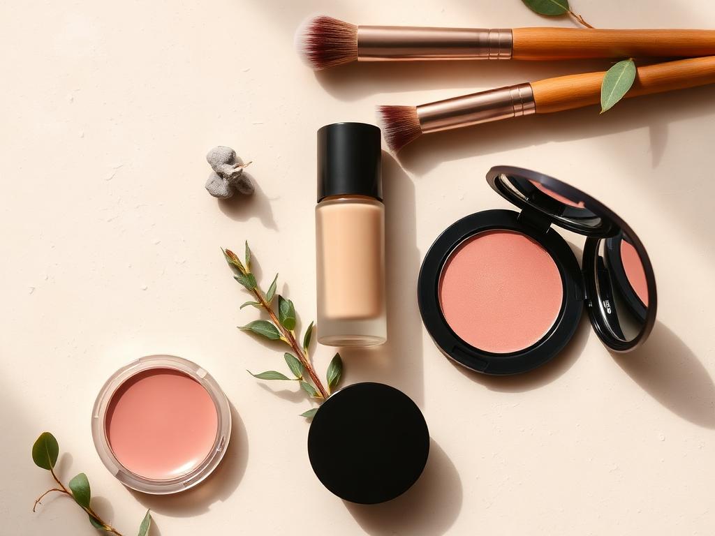 Clean beauty makeup products arranged on a soft neutral surface