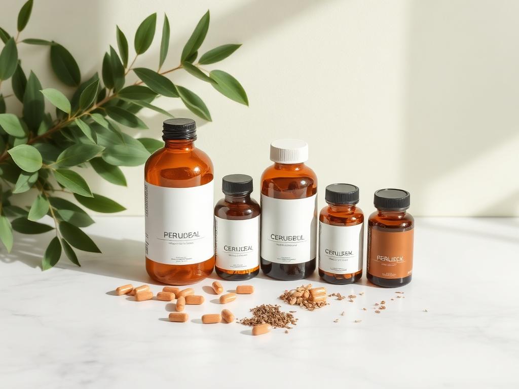 Natural supplement bottles and botanicals on a clean surface